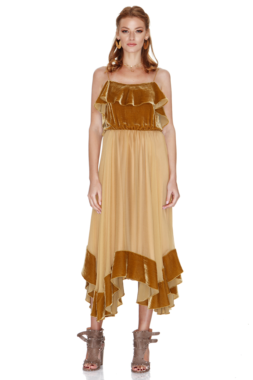Mustard Yellow Silk Chiffon and Velvet Midi Dress PNK Casual