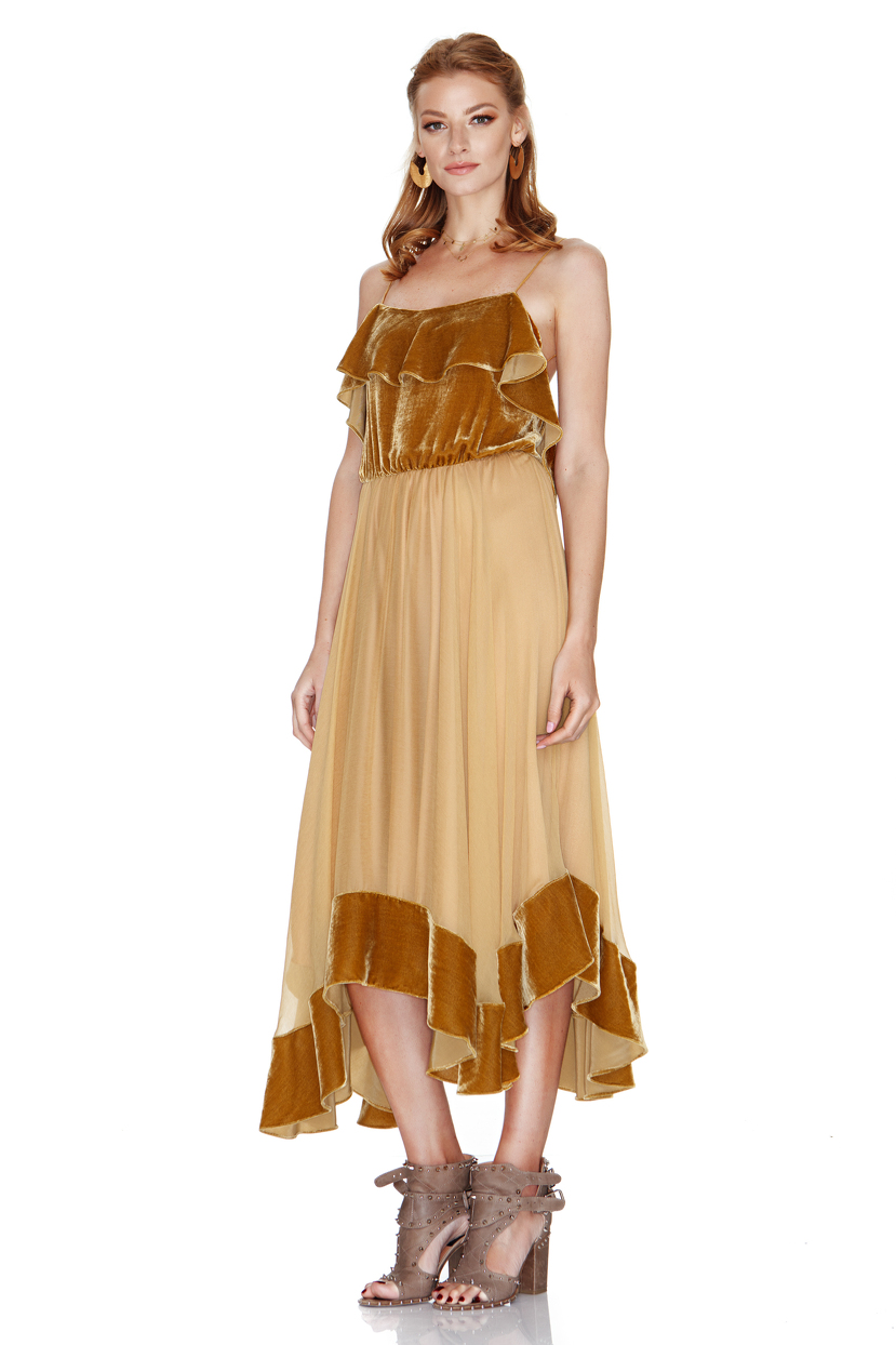 Mustard Yellow Silk Chiffon and Velvet Midi Dress PNK Casual