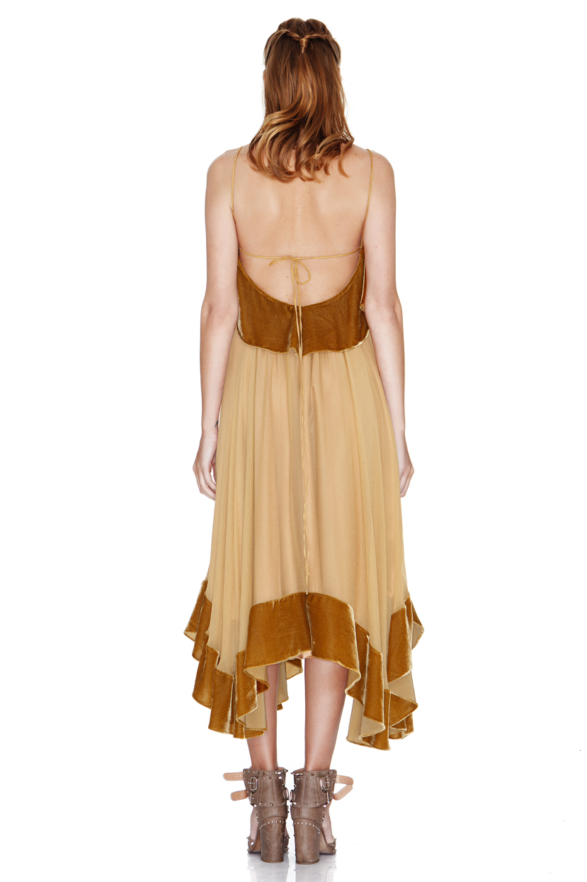 Mustard Yellow Silk Chiffon and Velvet Midi Dress PNK Casual