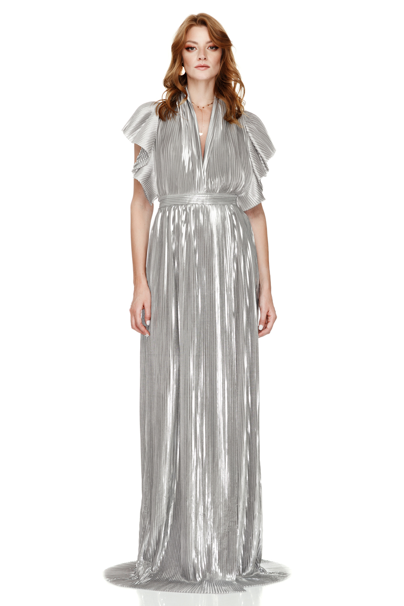 pleated metallic lame gown