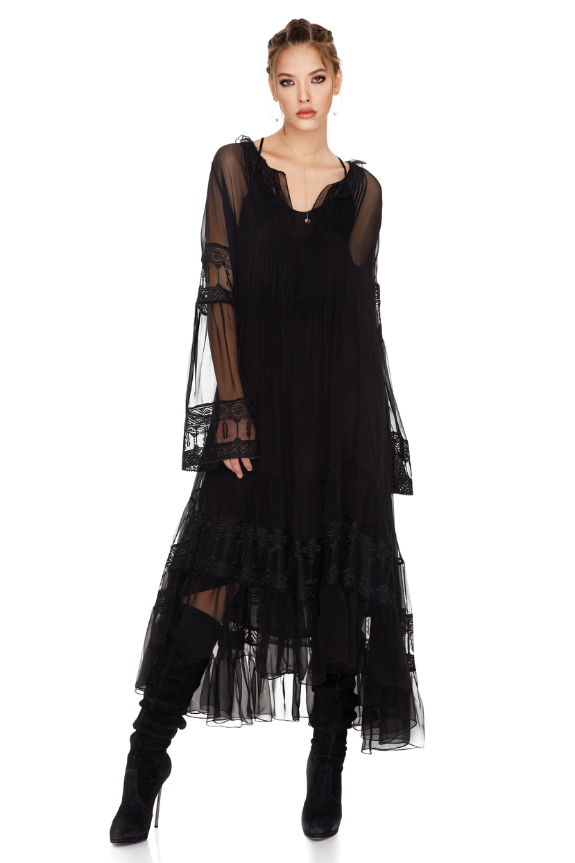  Black  Silk  Chiffon Midi  Dress  PNK Casual