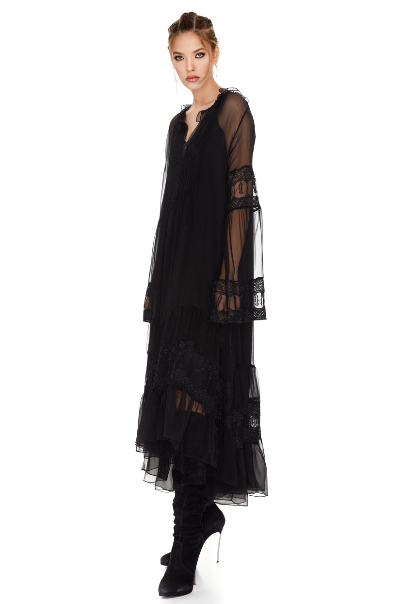 Black  Silk  Chiffon Midi  Dress  PNK Casual