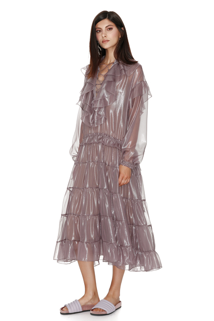 VOA Silk Jacquard Dress Women Midi Dresses Fall Long Sleeve Vintage Chinese Style Wine Red 