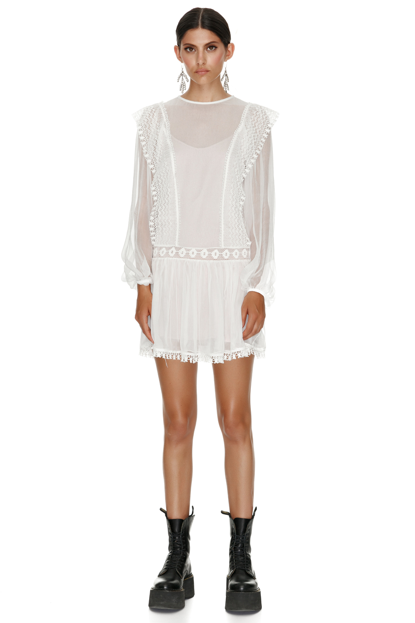 White Silk Mini Dress With Cotton Lace Insertions PNK Casual
