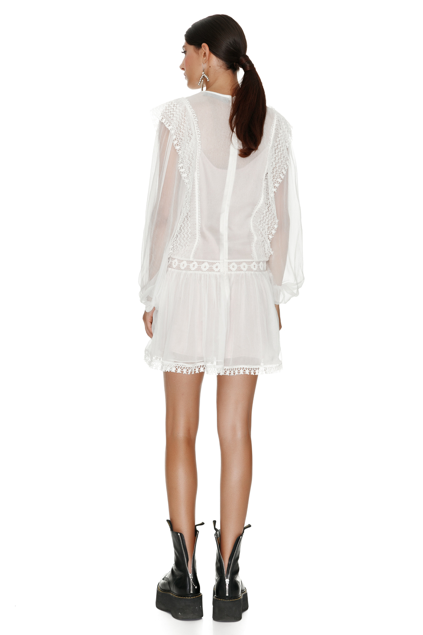 White Silk Mini Dress With Cotton Lace Insertions - PNK Casual