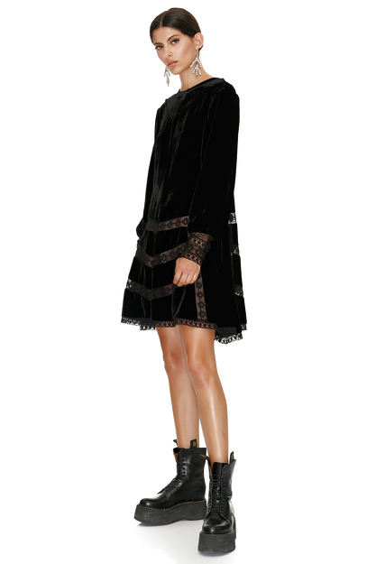 Black Velvet Dress With Lace Insertions - PNK Casual