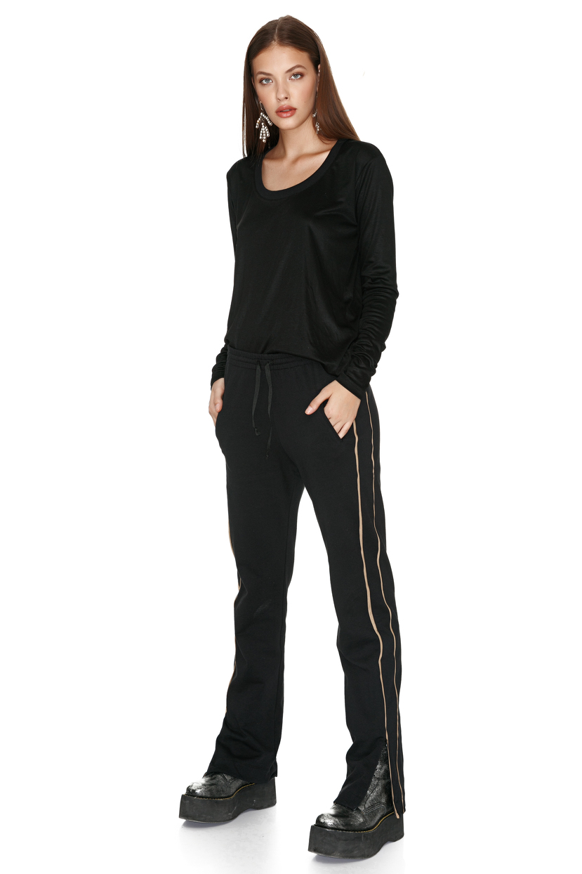 Black Track Pants With Silk Side Detail - PNK Casual