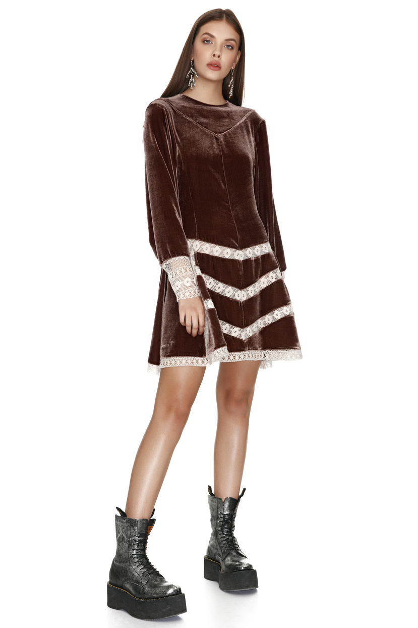 Brown Velvet Dress With Lace Insertions PNK Casual