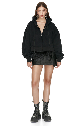 Long Sleeve Zipped Black Cotton Hoodie - PNK Casual