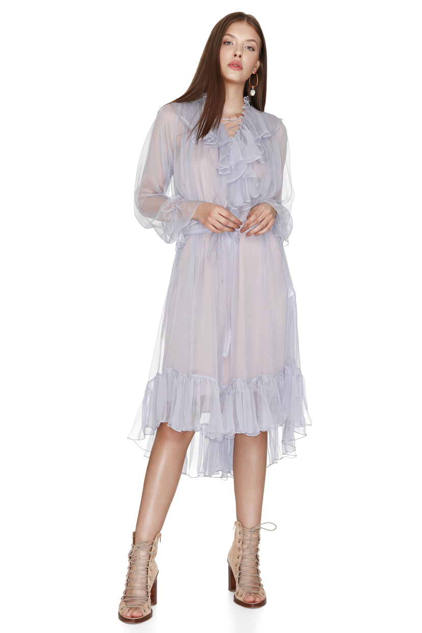 ruffled silk blend plumetis mini dress in light blue