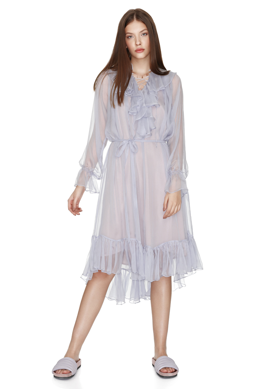 ruffled silk blend plumetis mini dress in light blue