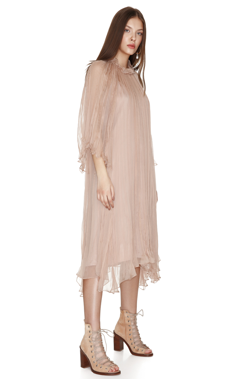 Beige Silk Chiffon Pleated Midi Dress PNK Casual