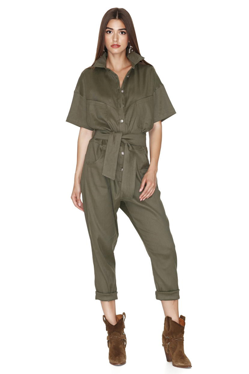 Army-Green Linen-Cotton Blend Cropped Jumpsuit - PNK Casual