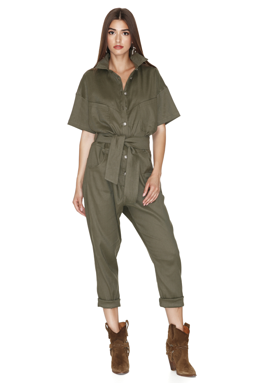 ArmyGreen LinenCotton Blend Cropped Jumpsuit PNK Casual