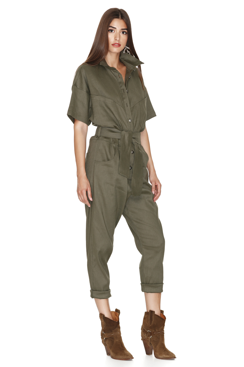 ArmyGreen LinenCotton Blend Cropped Jumpsuit PNK Casual