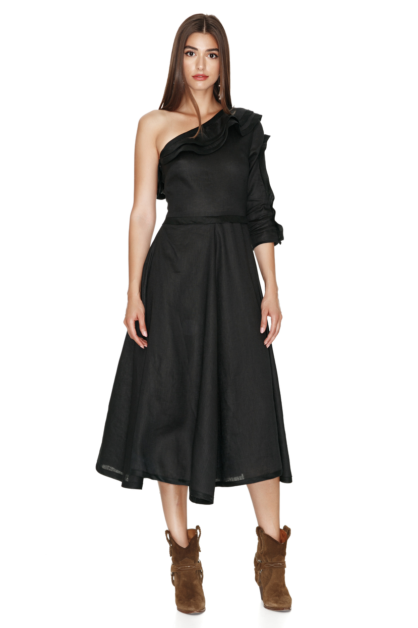 One Shoulder Linen Black Midi Dress PNK Casual