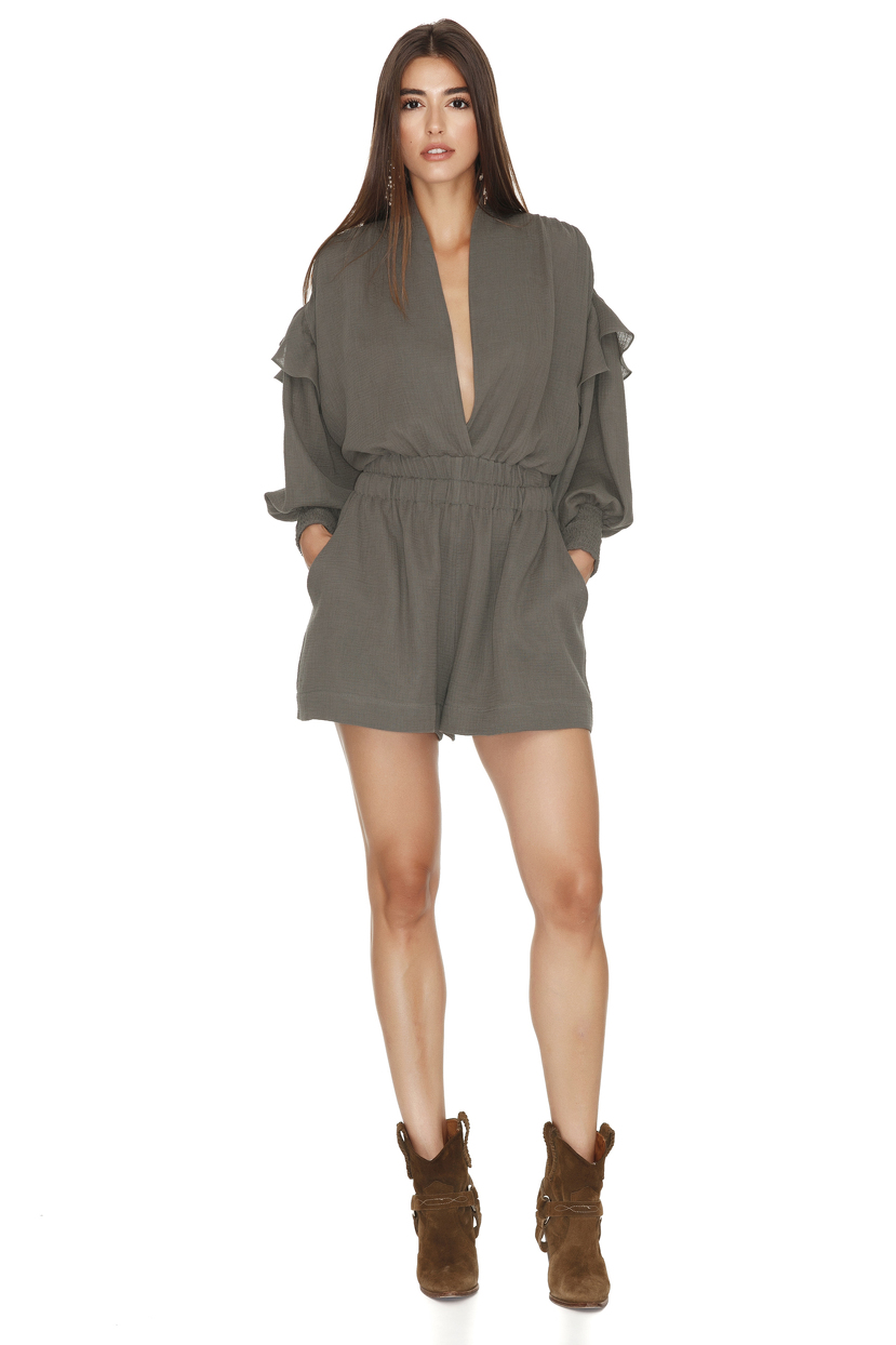 ArmyGreen Shorts Jumpsuit With Long Sleeves PNK Casual