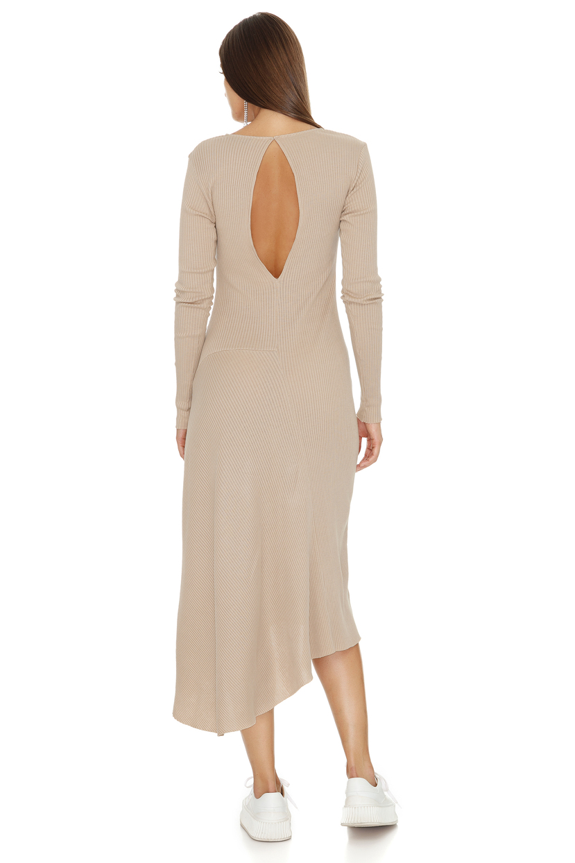 Ribbed Knit Cotton Midi Beige Dress - PNK Casual