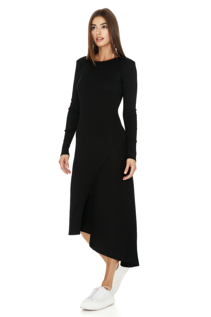 Ribbed Knit Cotton Midi Black Dress - PNK Casual