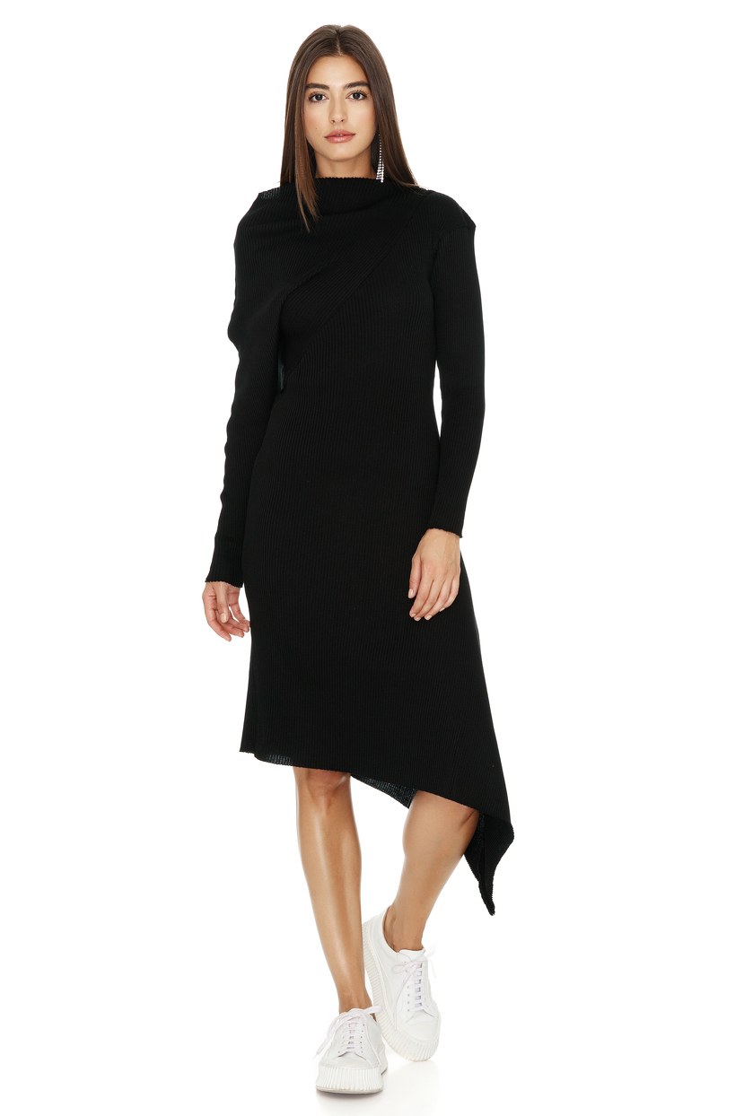 Ribbed Knit Cotton Asymmetrical Midi Black Dress - PNK Casual