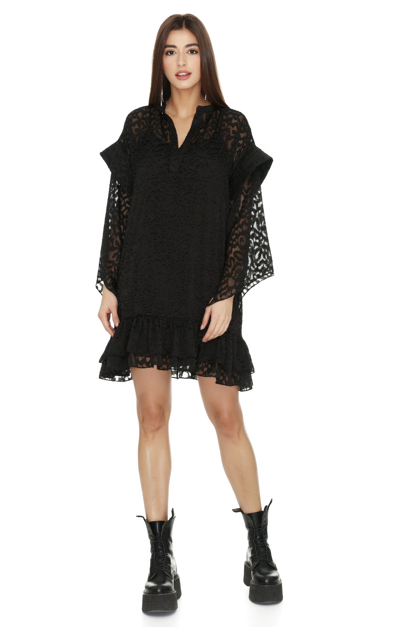 Black Dress With Ruffles And Long Sleeves PNK Casual