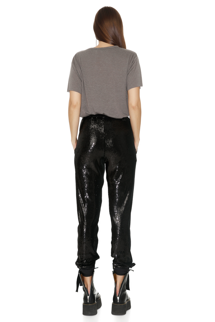Black Sequin Pants With Elasticated hemline PNK Casual