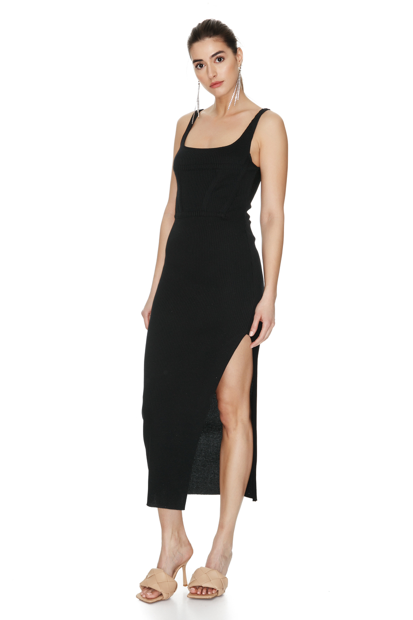 Black Cotton Midi Dress With Straps PNK Casual