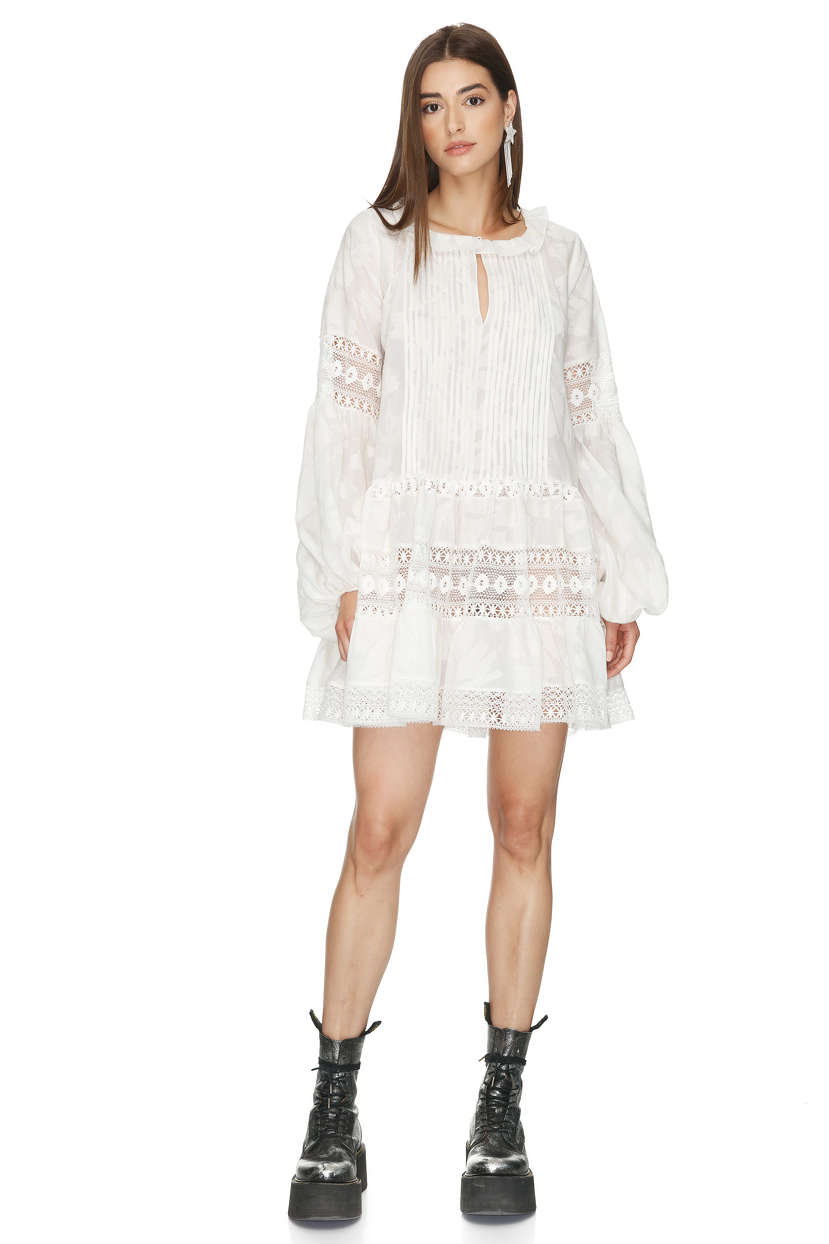 White Mini Dress With Cotton Lace Insertions - PNK Casual