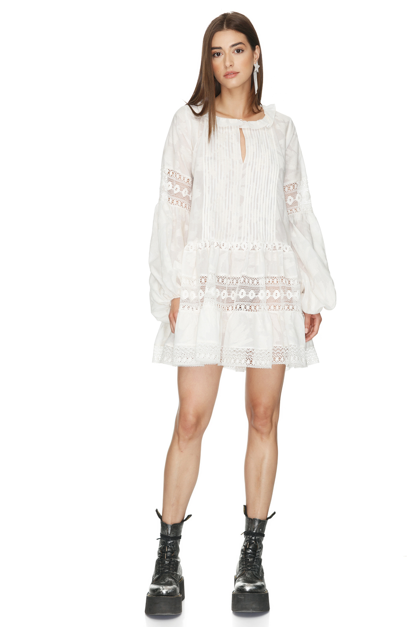 White Mini Dress With Cotton Lace Insertions PNK Casual