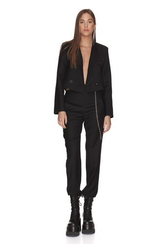 Black Wool Pants With Chain Detail at the Waist - PNK Casual