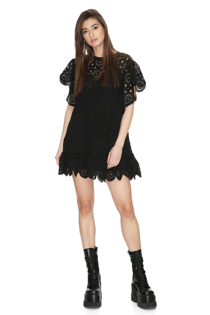Black Crocheted Cotton Lace Oversized Dress - PNK Casual