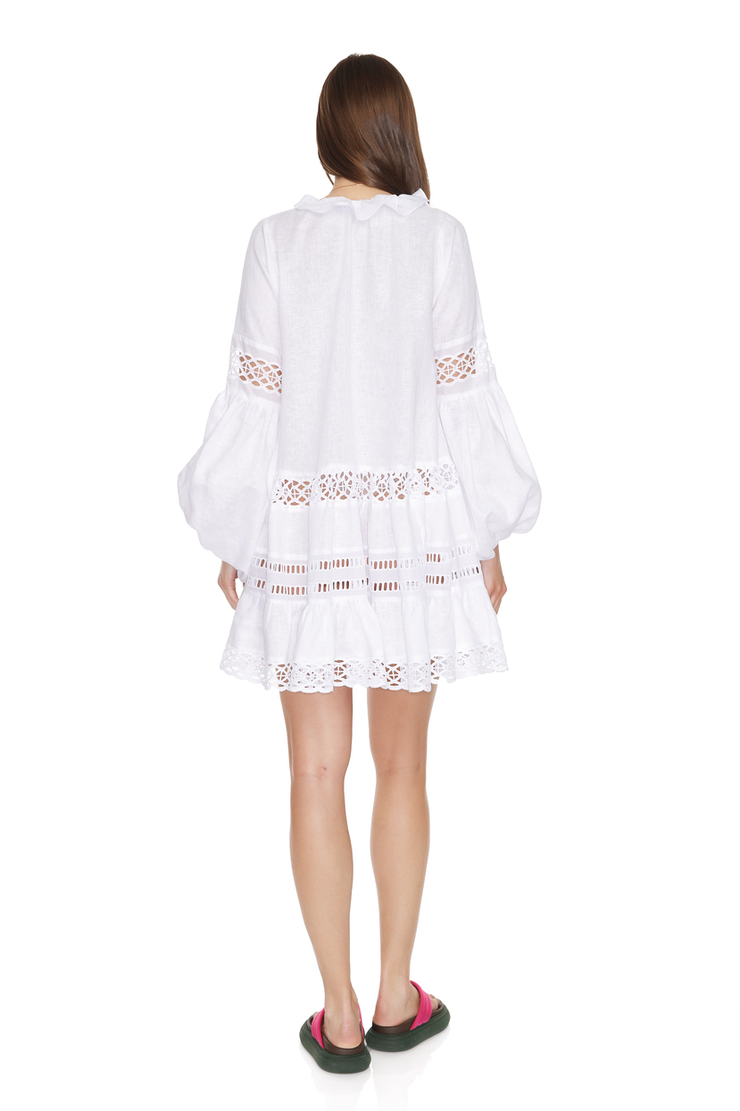 White Linen Mini Dress With Cotton Lace Insertions PNK Casual