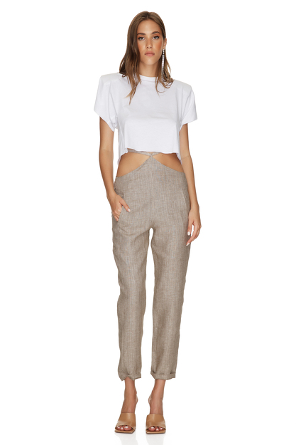 Brown-Gold Linen Pants With Detail at the Waist