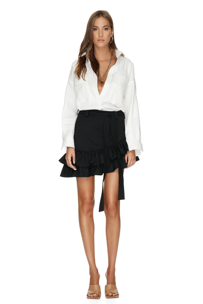 Black Wool Asymmetrical Mini Skirt With Ruffles