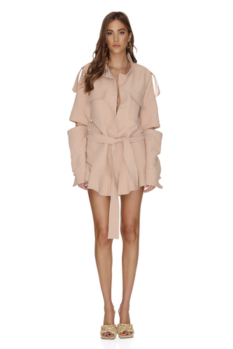 Beige Linen-Cotton Blended Cutout Mini Dress - PNK Casual