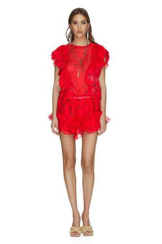Printed Red-Coral Silk-Linen Blouse - PNK Casual