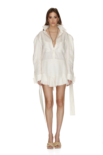Off-White Linen Dress With Oversized Shoulders - PNK Casual