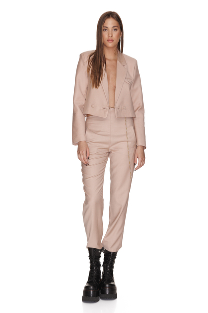 Beige Wool Pants With Chain Detail at the Waist