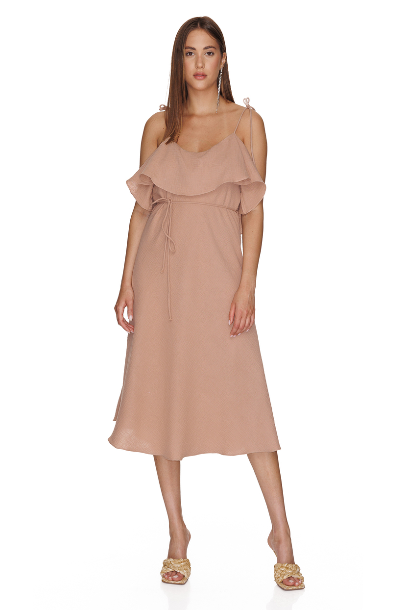 Backless Beige Pink Cotton Midi Dress PNK Casual