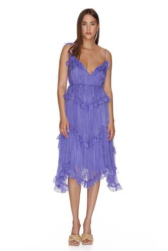 Indigo Silk Midi Dress With Ruffles - PNK Casual