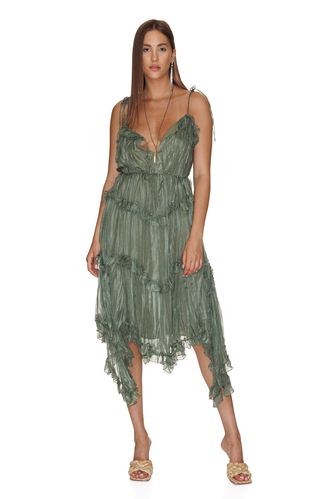Kaki Silk Midi Dress With Ruffles - PNK Casual