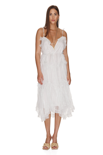 White Silk Midi Dress With Ruffles - PNK Casual