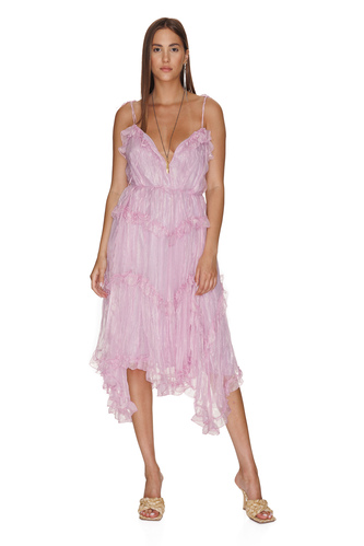 Rose Silk Midi Dress With Ruffles - PNK Casual