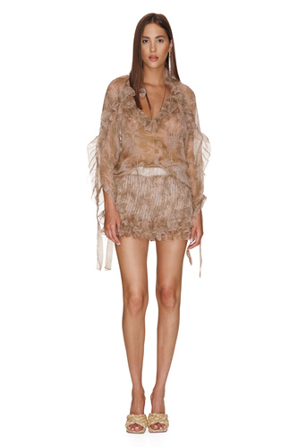 Printed Brown Silk Ruffled Top - PNK Casual