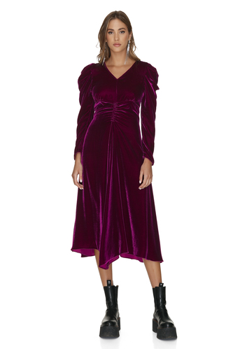 Fuchsia Velvet Midi Dress With Oversized Shoulders - PNK Casual