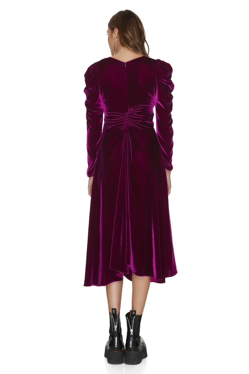 Fuchsia Velvet Midi Dress With Oversized Shoulders - PNK Casual