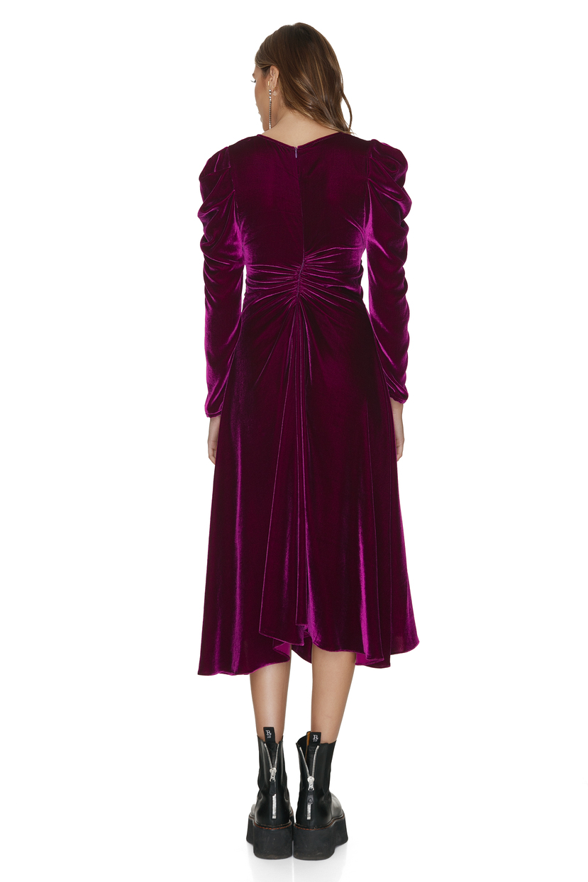 Fuchsia Velvet Midi Dress With Oversized Shoulders PNK Casual