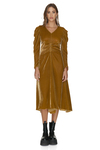 Yellow Velvet Midi Dress With Oversized Shoulders