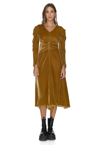 Yellow Velvet Midi Dress With Oversized Shoulders - PNK Casual