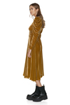 Yellow Velvet Midi Dress With Oversized Shoulders